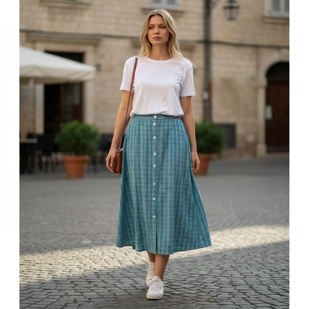 Chic Teal‎ Plaid Button-Front Midi Skirt